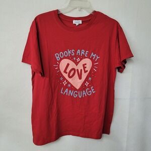 Pippi Post‎ "Books Are My Love Language" Red Graphic Tee Shirt Women L Organic